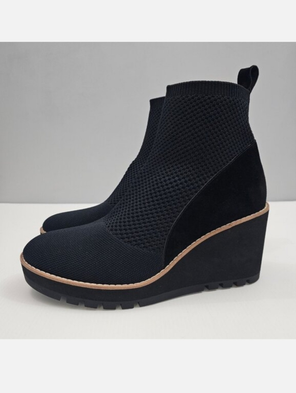 Eileen Fisher Quill Wedge Ankle Bootie Womens 8.5 Black Knit Suede Platform NEW